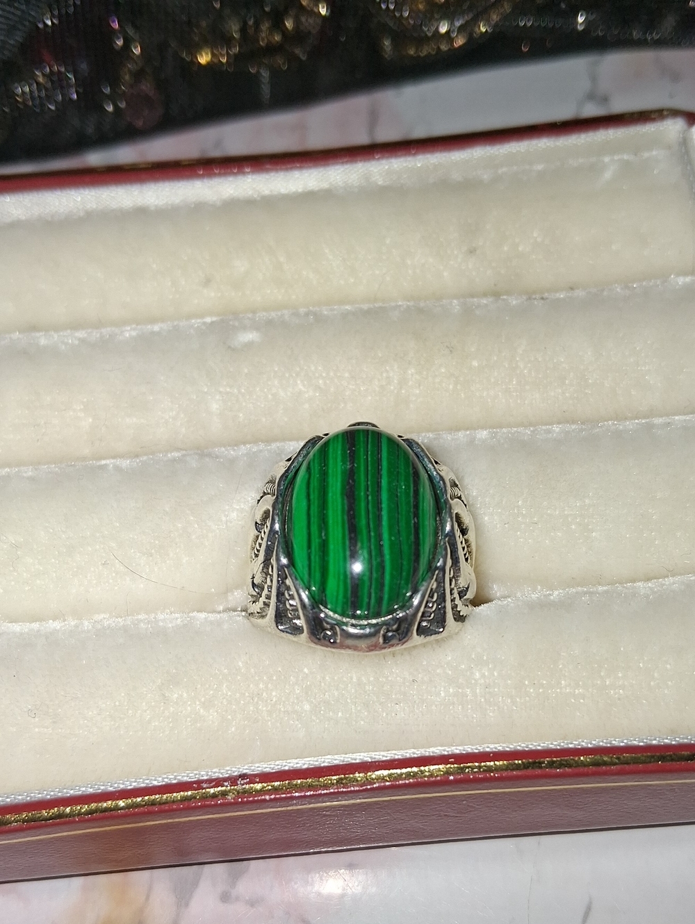 Sterling Silver Men's Green Malachite Statement Ring